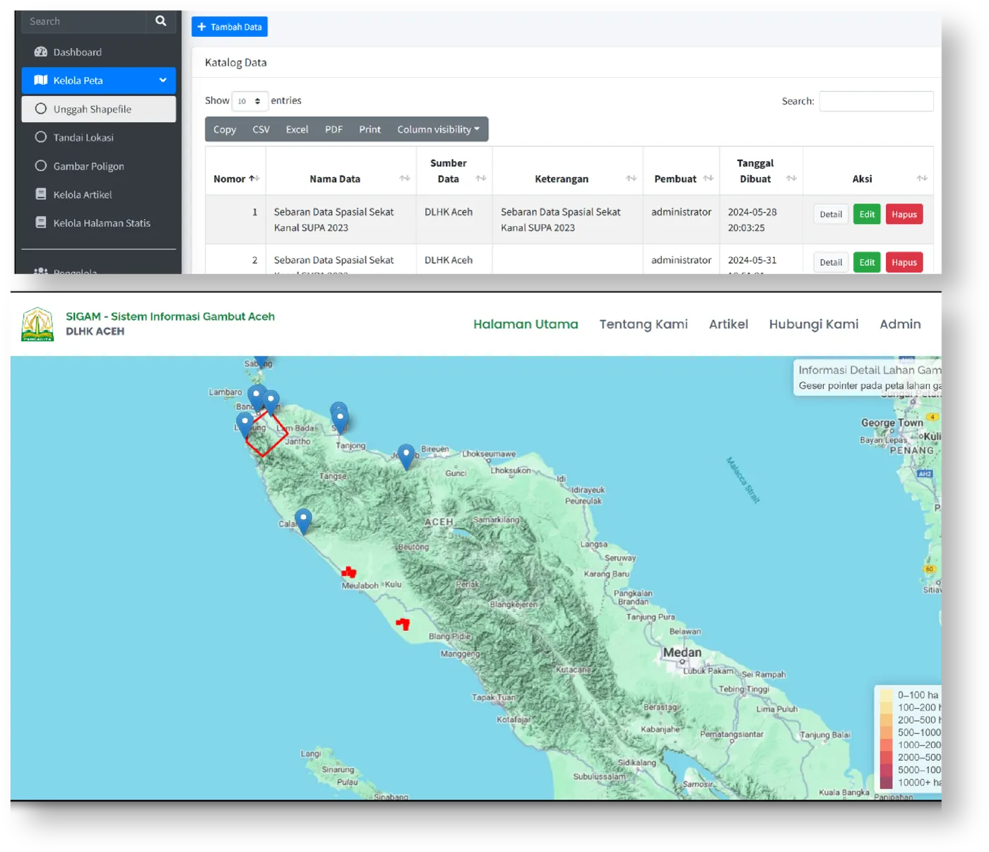 Tabel katalog data dan peta sebaran titik gambut di Aceh pada aplikasi SIGAM